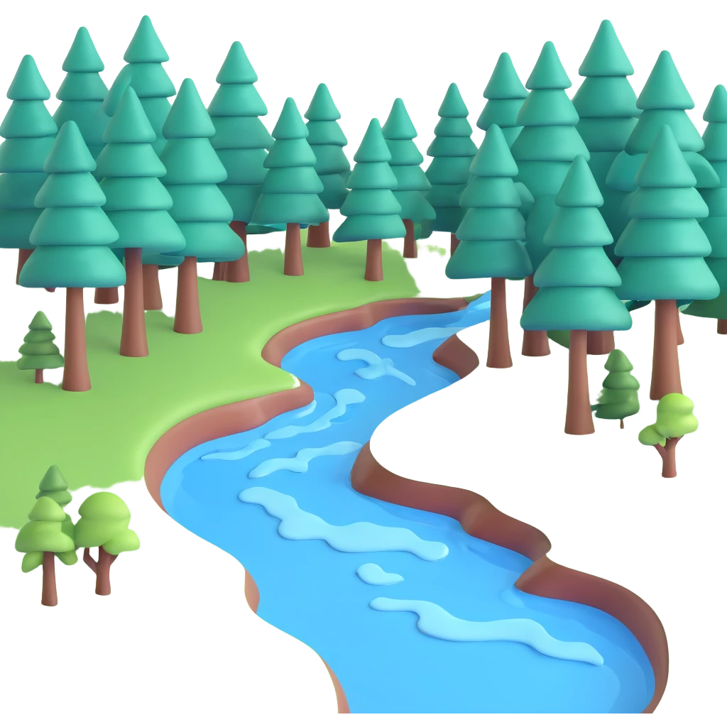 forest with a blue river flowing through trees emoji