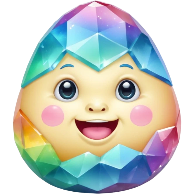 A single pastel rainbow crystal baby rock character, chubby and heavy with a chunky, irregular polygon shape, not egg-shaped, covered in faceted crystal planes and small chips, big glossy rainbow eyes and a small smiling mout emoji