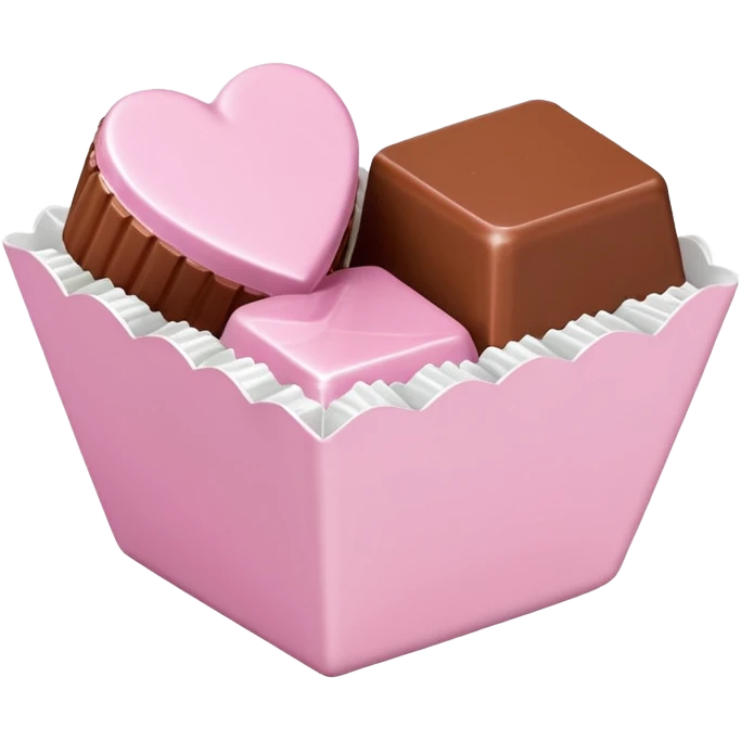 Two square milk chocolate pralines , sharp-edged glossy cubes placed diagonally side by side, each sitting in a small white fluted paper candy cup.
Flat thin pastel pink heart icing centered on top with fine sugar crystal sparkle, clean studio product lighting,  emoji