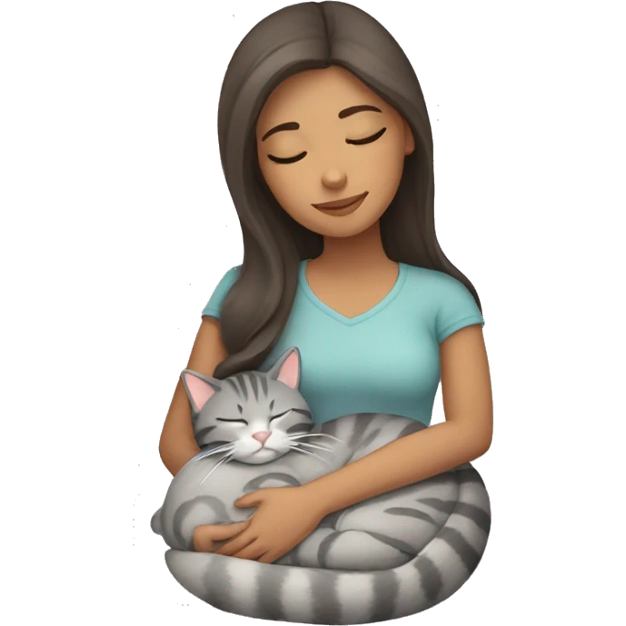 Brunette girl sleeping with gray tabby cat emoji