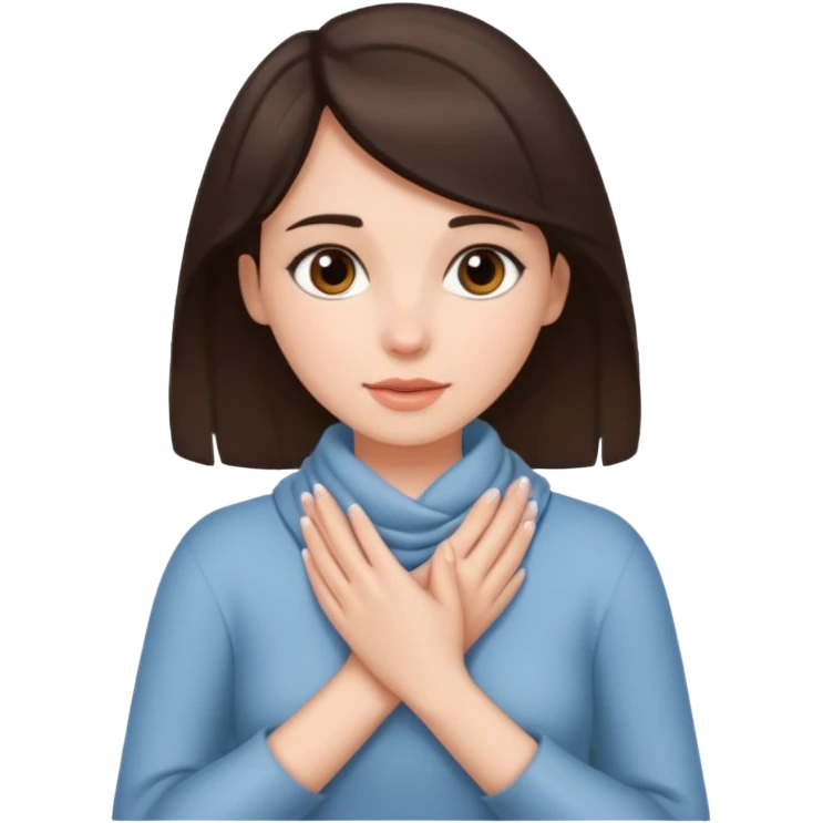 a brunette woman with her hands wrapped fulling around her neck emoji