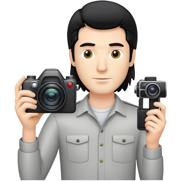 a white man with black mullet hair holding a foto camera emoji