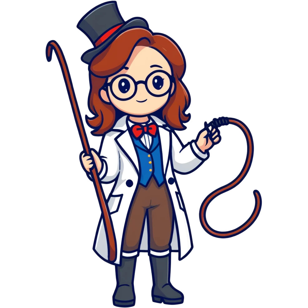 A long Auburn haired, beautiful girl with glasses as a scientist, being a circus ring leader emoji