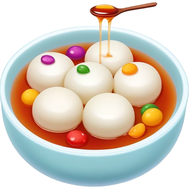 Sweet rice balls Tangyuan in syrup with colorful fillings, simplified emoji style with bold outlines and bright colors, cartoon style traditional Chinese dessert emoji