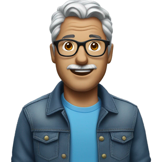 A Man Named David With grey hair, cool glasses, short blue t-shirt with a spiral printed on it, jeans, black shoes. emoji