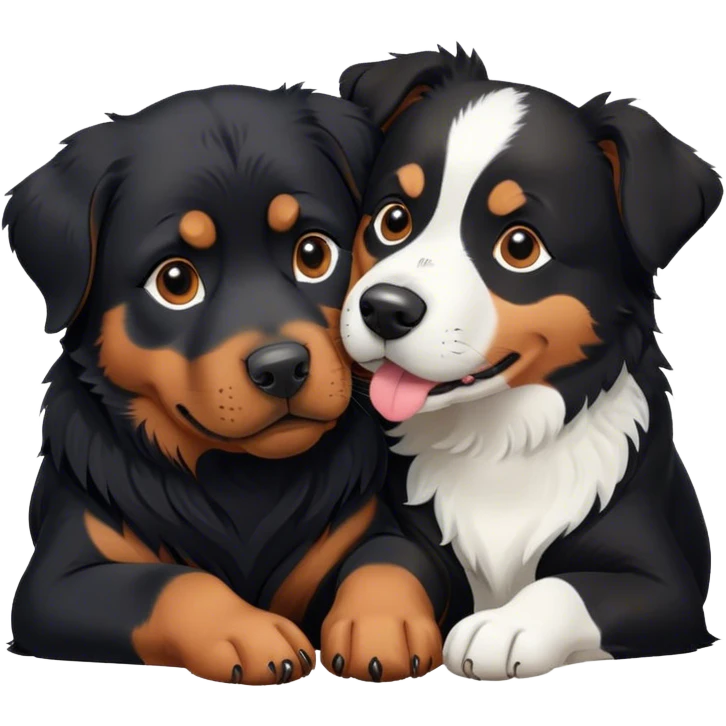 A black Rottweiler and black and white Border Collie snuggling together. emoji