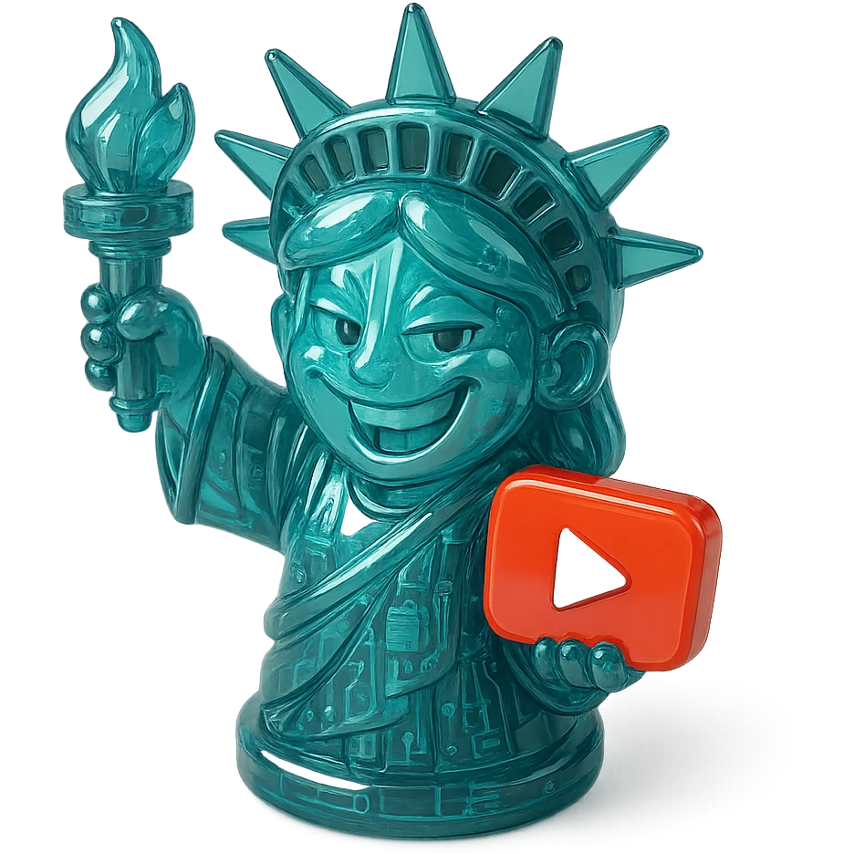 Statue of Liberty with a playful sarcastic grin, red YouTube play button, glossy circuit style emoji