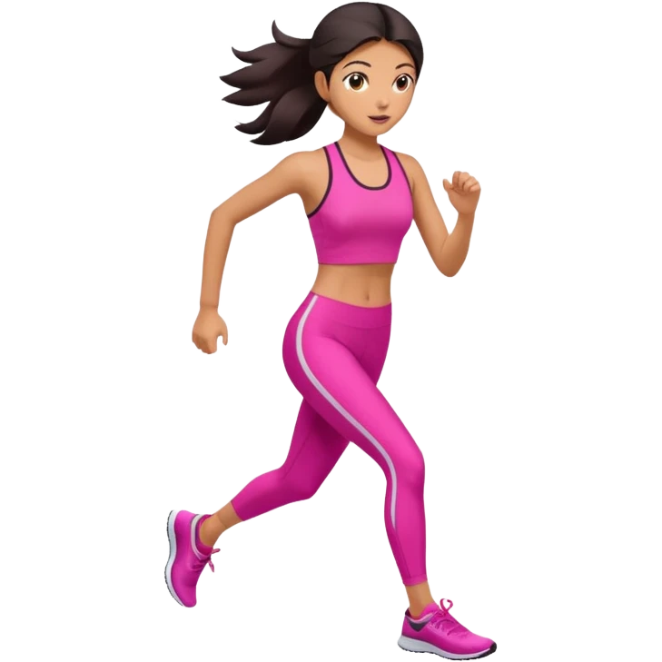 A girl in pink tight-fitting sportswear is running, her hair is dark and straight, neatly styled. emoji