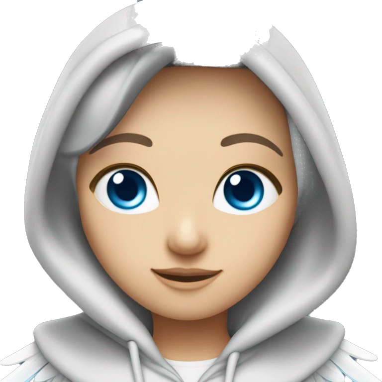 Caucasian dark haired female Angel with blue eyes and dimples wearing a hoodie with wings and a halo over her head emoji