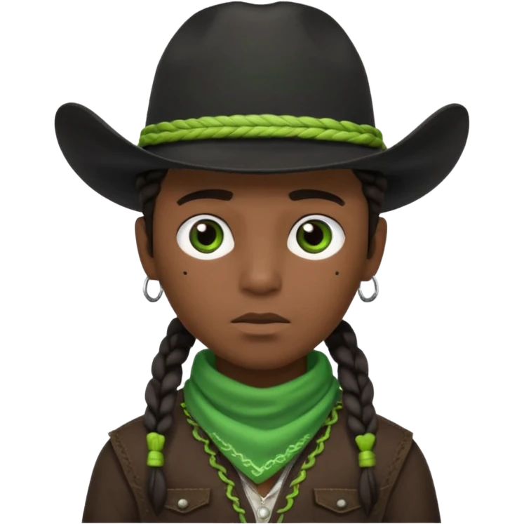 Black boy with three braids near each eye wearing a black cowboy hat with green bandana around his neck emoji