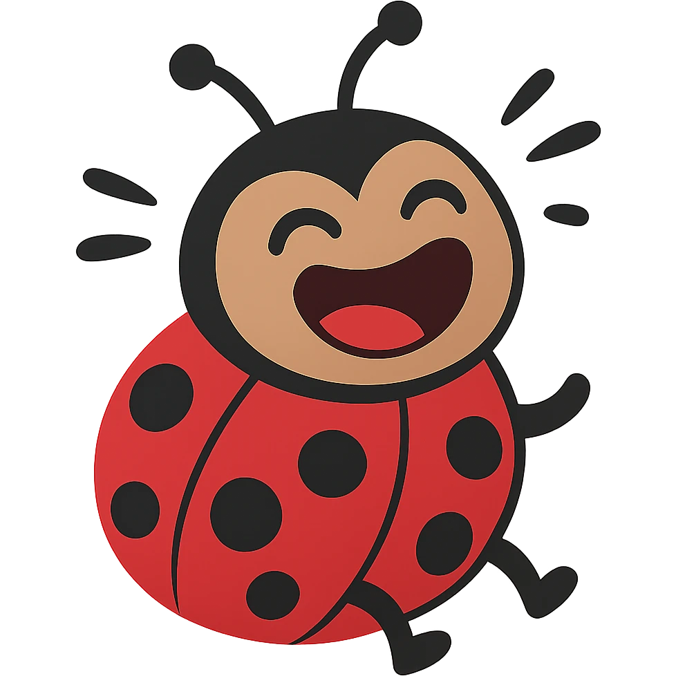 flat toon style laughing red bug with black points emoji