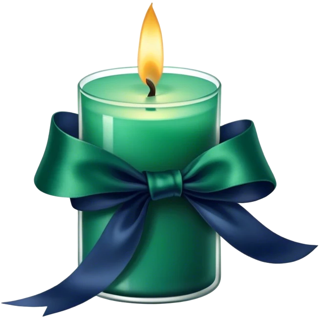 A charmingly arranged composition of a glass candle in a rich emerald shade, placed next to a carefully folded navy blue ribbon. emoji