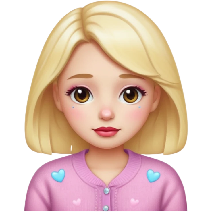 “Emoji girl, dewy skin, heavy blush across cheeks and nose bridge, glossy cherry lips, soft puppy eyeliner, teary sparkling eyes, pastel cardigan.” emoji