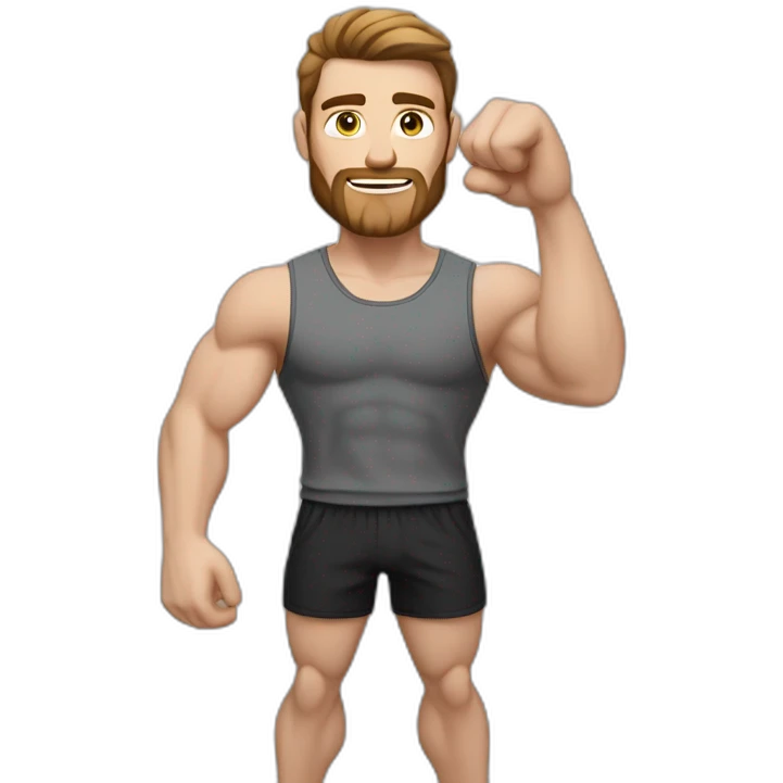Close up Actively gesturing  with hands Pale skinned Fit Man With the biceps and brown hair in dark gray Sleeveless Mike, black oversize sports shorts, watch and white Sneakers emoji
