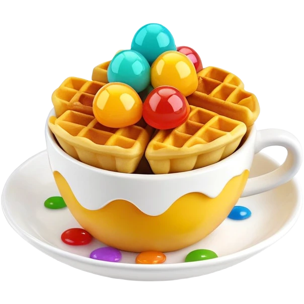 3D rendered mini Hong Kong egg waffles in a cup with colorful toppings, hyper-realistic bubbled texture, vibrant colors, glossy finish, detailed bubble pattern, playful presentation emoji