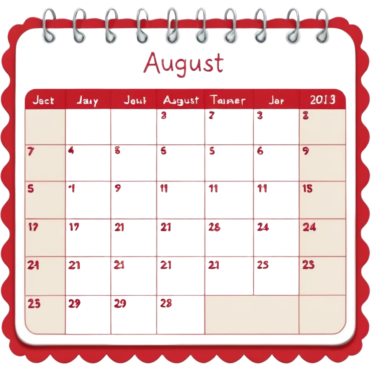 a monthly calendar labeled “August,” with rounded square date boxes, scalloped border frame, playful red doodle lines, and a cozy planner vibe. Minimal kawaii style, flat pastel color palette, slightly imperfect sketch lines, centered object, no background emoji
