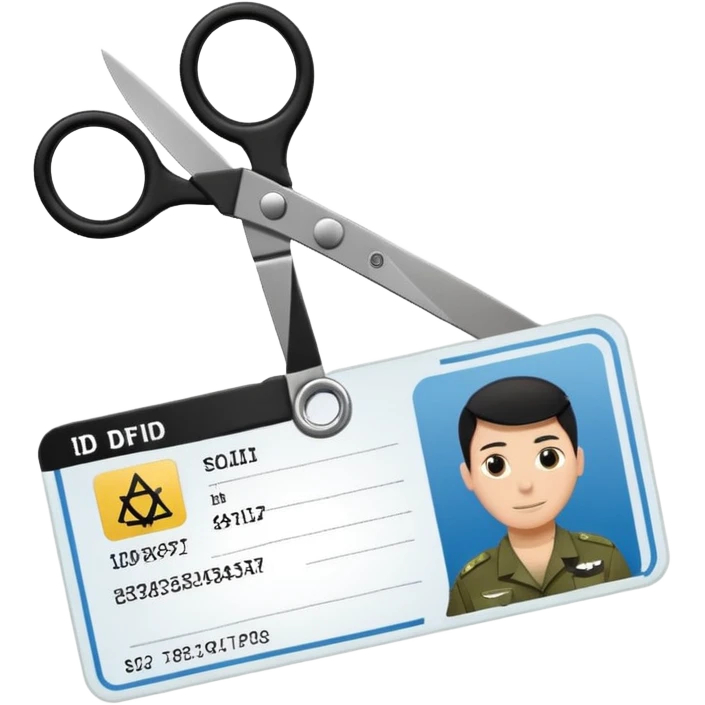 Floating black Scissors cutting in half an idf soldier ID card with a little chip in 2 parts emoji