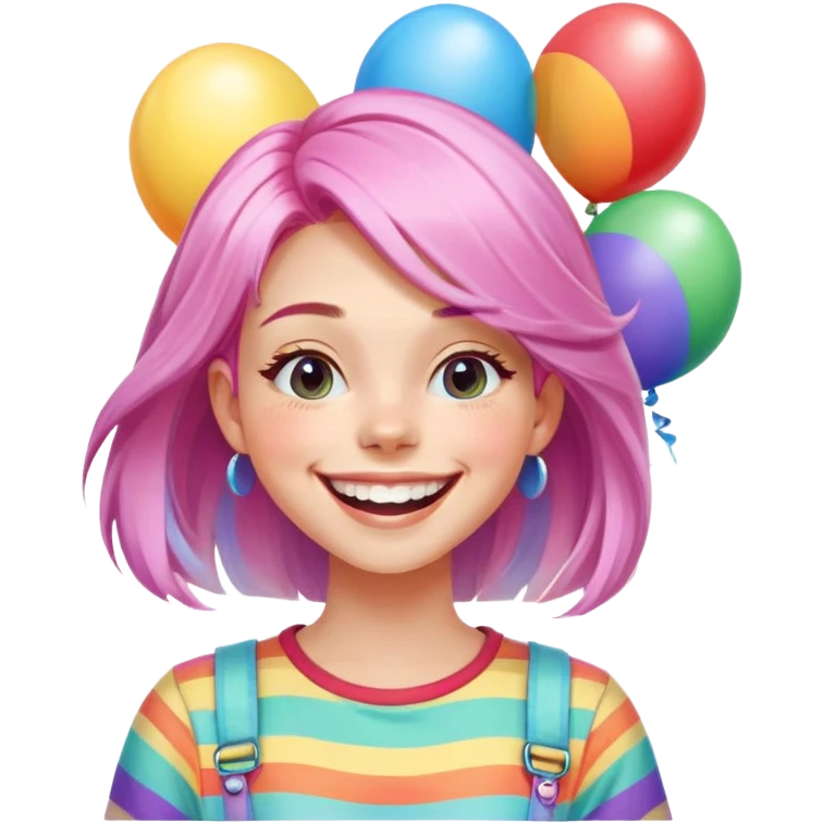 A close-up of a cheerful girl with soft, pastel-colored hair, wearing a colorful, trendy top and a wide grin. She has a playful expression, with a bright, cheerful background of rainbow-colored balloons emoji