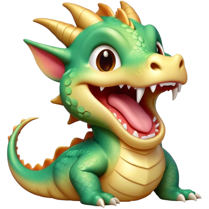 Cinematic Cute Yawning Dragon Portrait Emoji, Head tilted slightly with a dramatic, wide-open yawn, showcasing a soft, lustrous scaled body with gently drooping fins and half-closed, drowsy eyes, Simplified yet irresistibly adorable features, highly detailed, glowing with a soft, cozy mythical glow, high shine, relaxed yet expressive, stylized with a dash of fantastical charm, soft glowing outline, capturing the essence of a sleepy yet affectionate dragon that seems ready to stretch out and rest in its enchanted lair! emoji