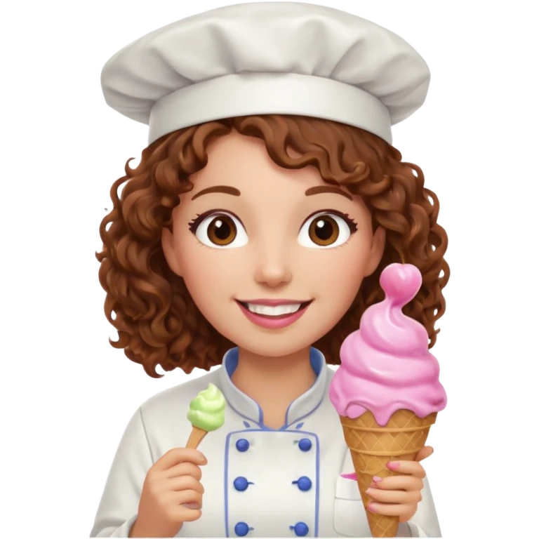woman brown curly hair, chef, eating pink ice cream emoji