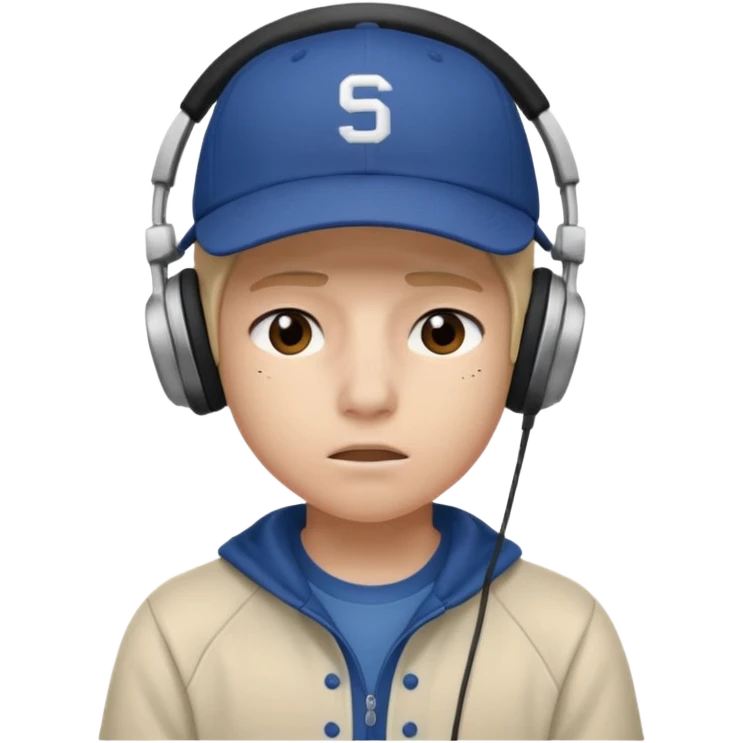 Adolescente com fone no ouvi é um boné, com uma carinha de sono emoji