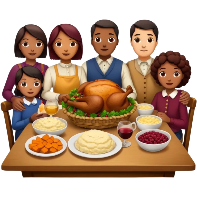 Thanksgiving Dinner with 10 people of different skin color around the table; have the food be a cooked turkey, mashed potatoes, corn, a basket of biscuits, a small bowl of cranberry sauce, baked yams, steamed vegetables, and a bottle of wine. emoji