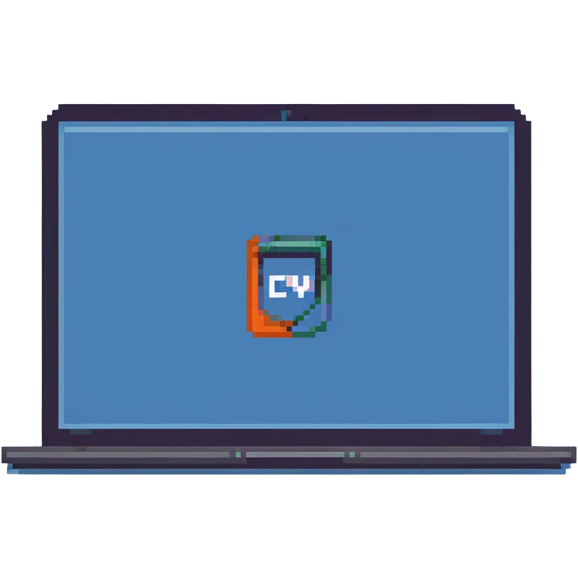 a blue laptop having a logo that says cmv on the back of it emoji