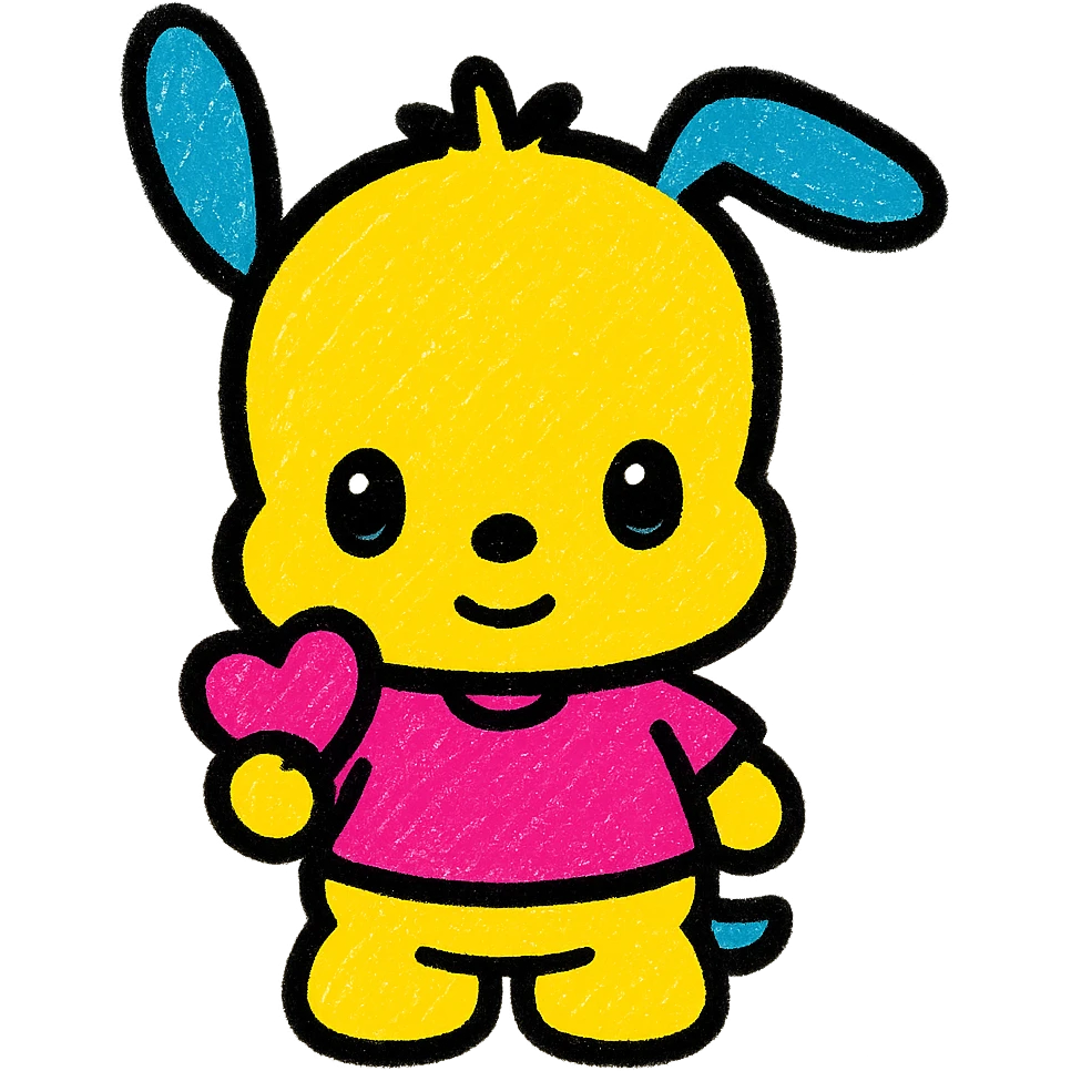 Sanrio Pochacco as a cute Popmart doll emoji, holding a tiny heart, glossy eyes, chibi proportions, sweet smile emoji