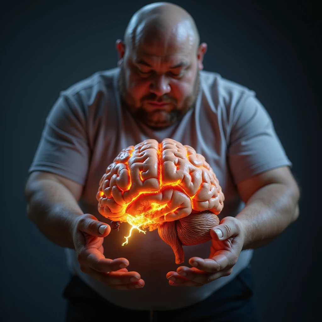 hyper-realistic medical CGI of an obese man holding a brain model showing inflamed hippocampus in red, shrunken prefrontal cortex, yellow lightning for glucose spikes, black amyloid plaques, constricted blood vessels visible on the model, 4K clinical emoji