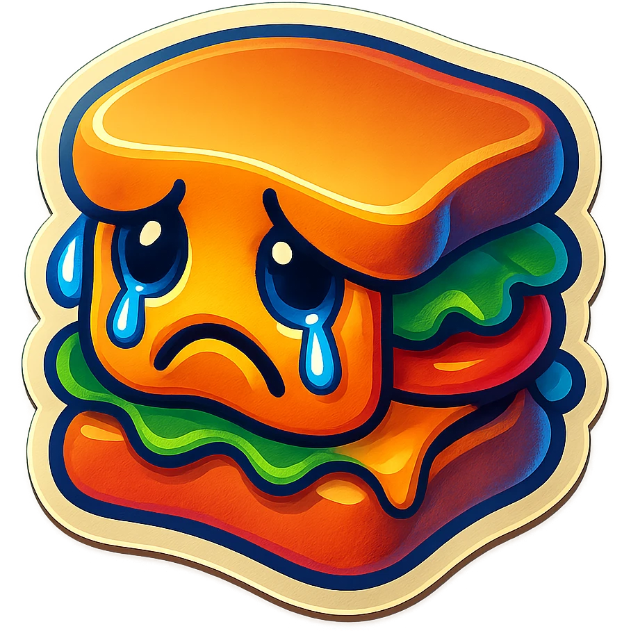 Make the slumped sandwich brighter with vibrant colors, simplify to fewer layers, keep the tears and sad face. emoji