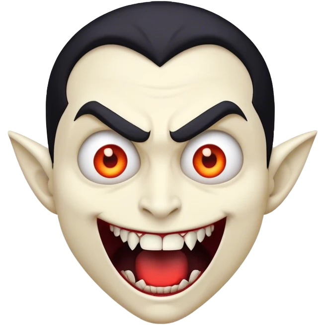 Cinematic Comical Vampire Portrait Emoji, with a sharply stylized, slightly caricatured pale face accented with exaggerated fangs and overly dramatic wide eyes filled with comic shock, head tilted in a hilariously startled pose, simplified yet amusingly detailed, glowing with a soft mysterious glow and a playful outline capturing the quirky humor of a vampire in disbelief! emoji