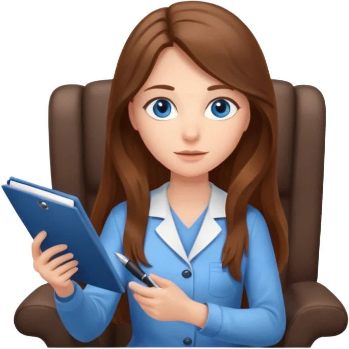 Девушка - психолог с длинными коричневыми светлыми волосами, с голубыми волосами, сидит в кресле и делает запись на бланке emoji