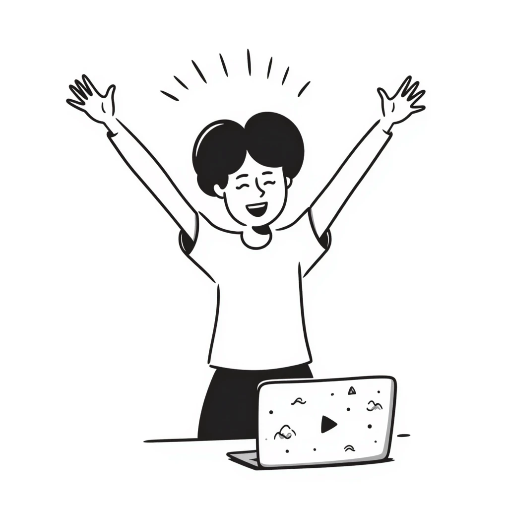 college student smiling in front of a laptop, arms raised in a hooray position, doodle style emoji