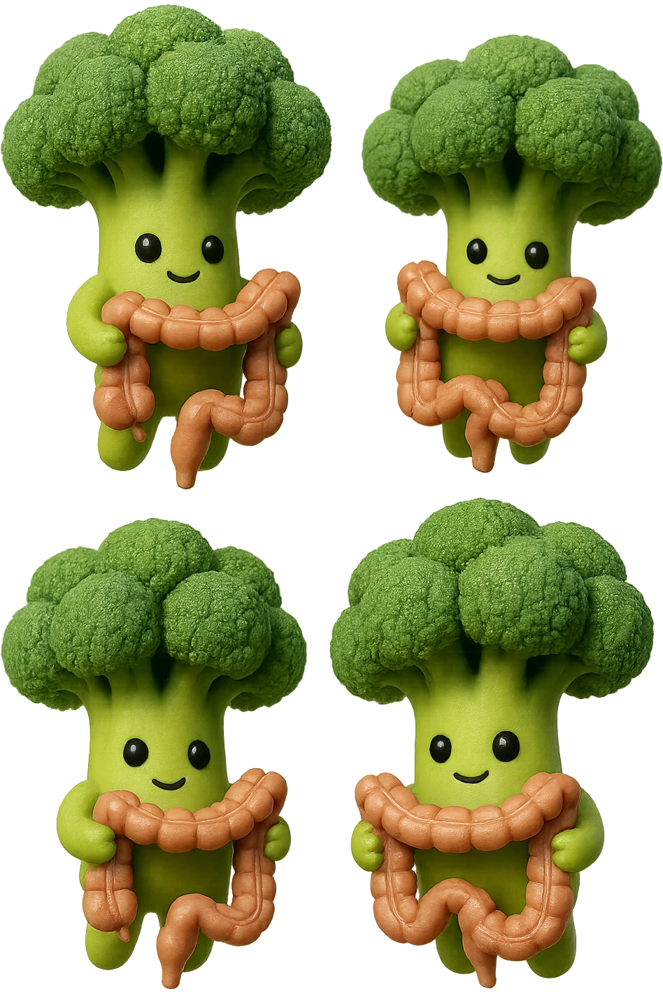 broccoletti stile emoji iphone fluttuano in aria stringendo in mano un pezzo di colon intestinale, iperrealistico 4k emoji