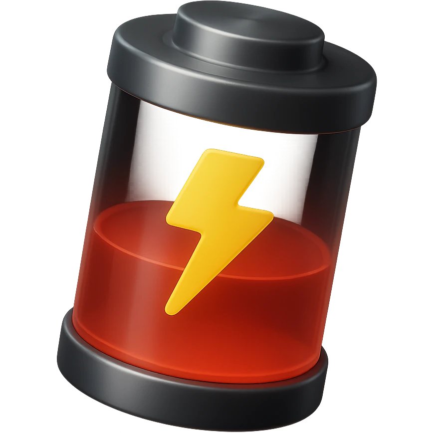 Realistic 3D cylindrical battery with half red level, inspired by the reference image, transparency effect, yellow lightning symbol, metallic reflections, isolated on white background. emoji