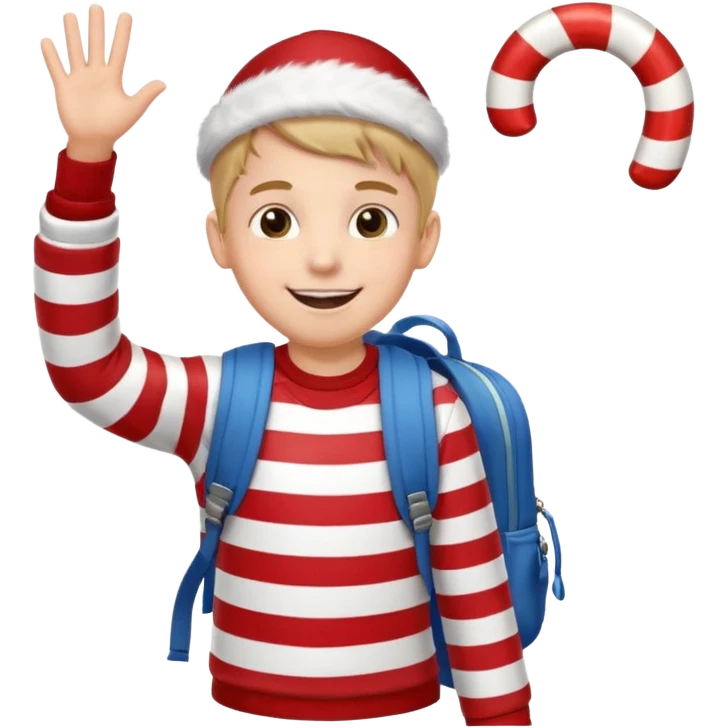 A boy waving a candy cane happily, backpack bouncing as he moves. emoji