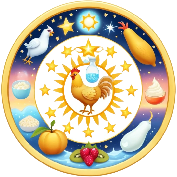 Magical daily fitness nutrition schedule with ethereal water bottle, celestial sun, enchanted chicken and rice plate, mystical gym equipment, glowing yogurt, sparkling fruits, and dreamy sleep symbol, all arranged in a cosmic circle with starry aura emoji