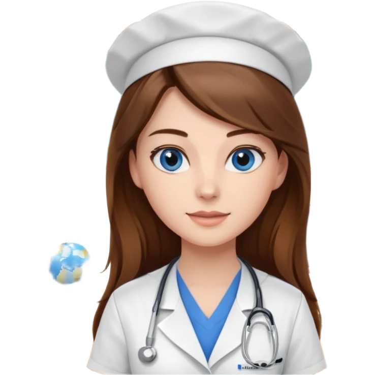 pretty female nursing student with long brown hair, blue eyes inside a classroom at university emoji
