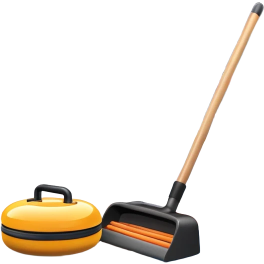 An icon featuring a curling stone in the foreground on an ice sheet with marked target circles. A curling broom rests nearby. In the background, a grand indoor stadium with bright lights and cheering fans. The ice reflects the vibrant colors of the surroundings. Transparent background. emoji
