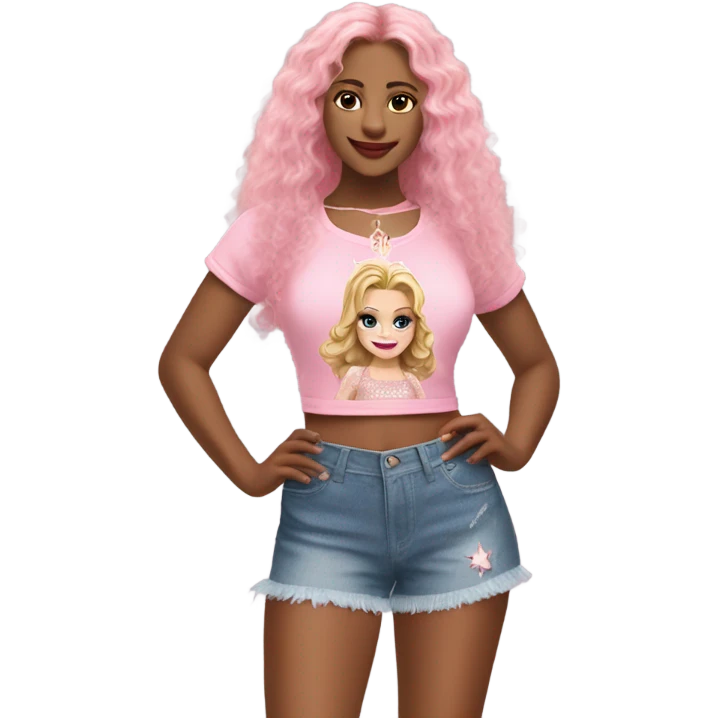 Glinda wearing a pink Shakira lace up croc top and short jeans  emoji