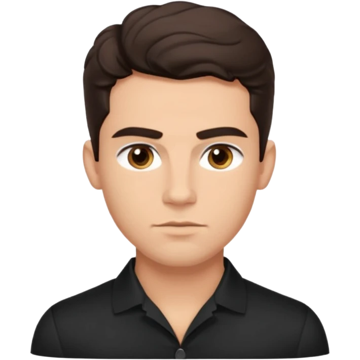He’s a man with light to medium skin, a defined oval face, full brows, deep-set eyes, and wavy short dark brown tall hair styled with height, sides are trimmed. muscular. expression calm and focused relaxed black black button shirt open collar. polished, articulate, and coach vibe. tall hair tall  emoji