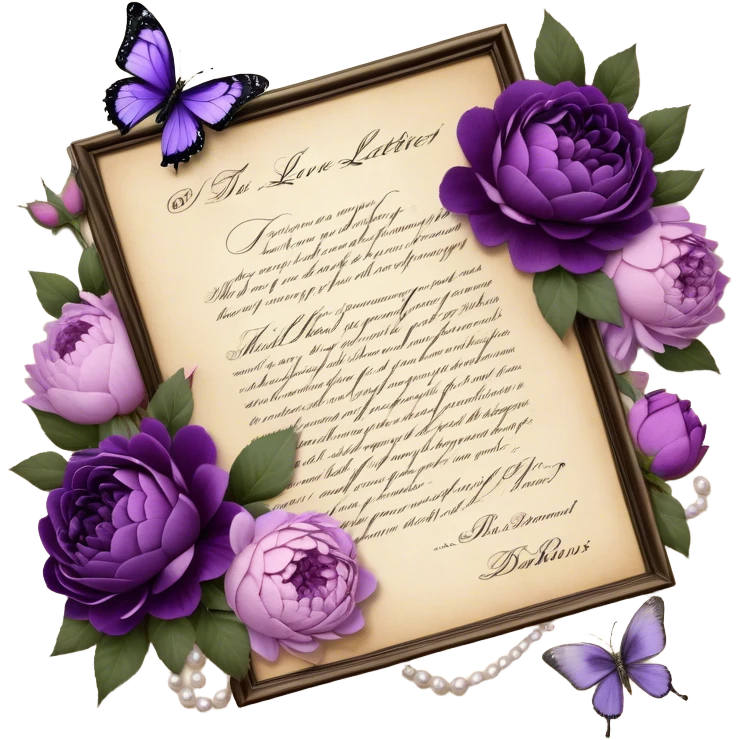 An antique love letter bundle, bound delicately with a purple silk ribbon, rests beside an arrangement of dried blush violet roses, lilac peonies, and soft purple dahlias, while a silver butterfly brooch adorned with pearls seems to pause, captivated by the deep violet inked calligraphy flowing across the aged parchment. emoji