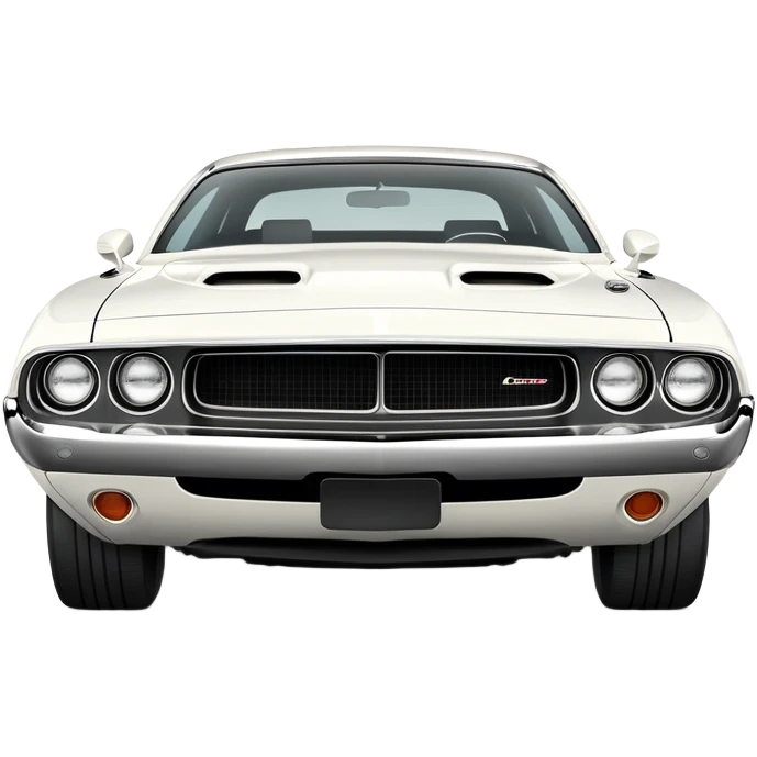 Pristine white 1971 Dodge Challenger with perfect structure, accurate three-quarter 30-degree view showing detailed headlights and grille, classic muscle car silhouette, completely white, iOS emoji style emoji