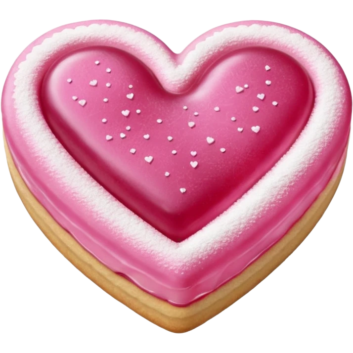 Realistic shortbread cookie in the shape of a heart with pink jelly middle filling and sprinkled powder sugar on top. emoji