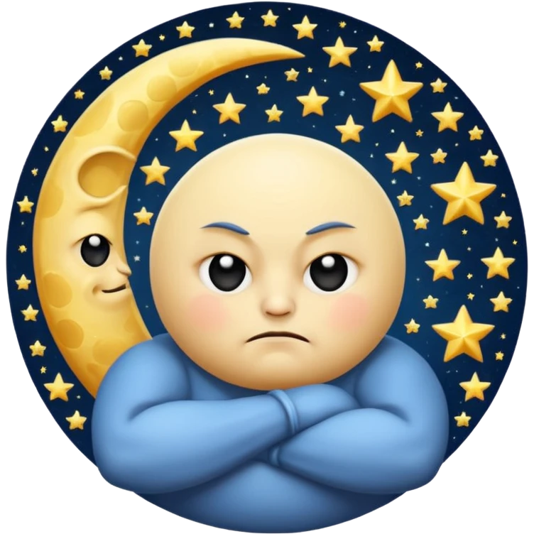 grumpy moon with arms crossed and stars orbiting emoji