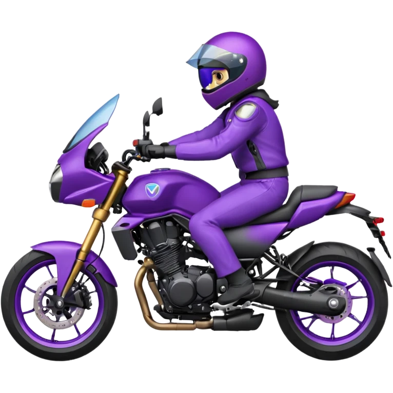 Créer un emoji avec une moto mt07 sport noir mate / violet iridescent très foncé, pare-brise de la moto violet. Avec une pilote dessus, visage masqué par la visière violette . Avec en arrière plan cercle violet. emoji