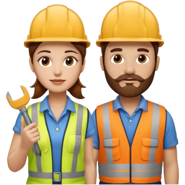 me haces una mujer pelo marron y un hombre con barba , que ambos esten vestidos como constructores de obra que sean blancos de piel  emoji