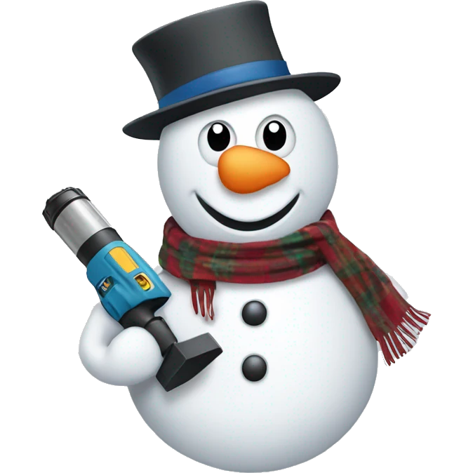 snowman with hat and scarf holding a drill emoji