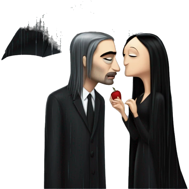Realistic morticia addams kissing sweetly Kurt Cobain in the rain. emoji