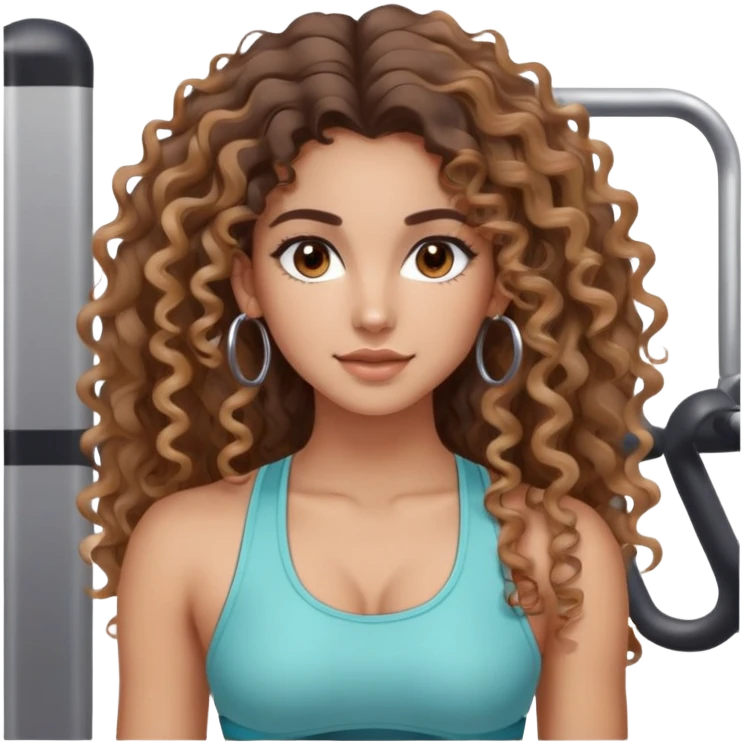cute very long curly/wavy balayage haired girl, clean natural girl makeup, hoop earrings, brown eyes: at the gym emoji